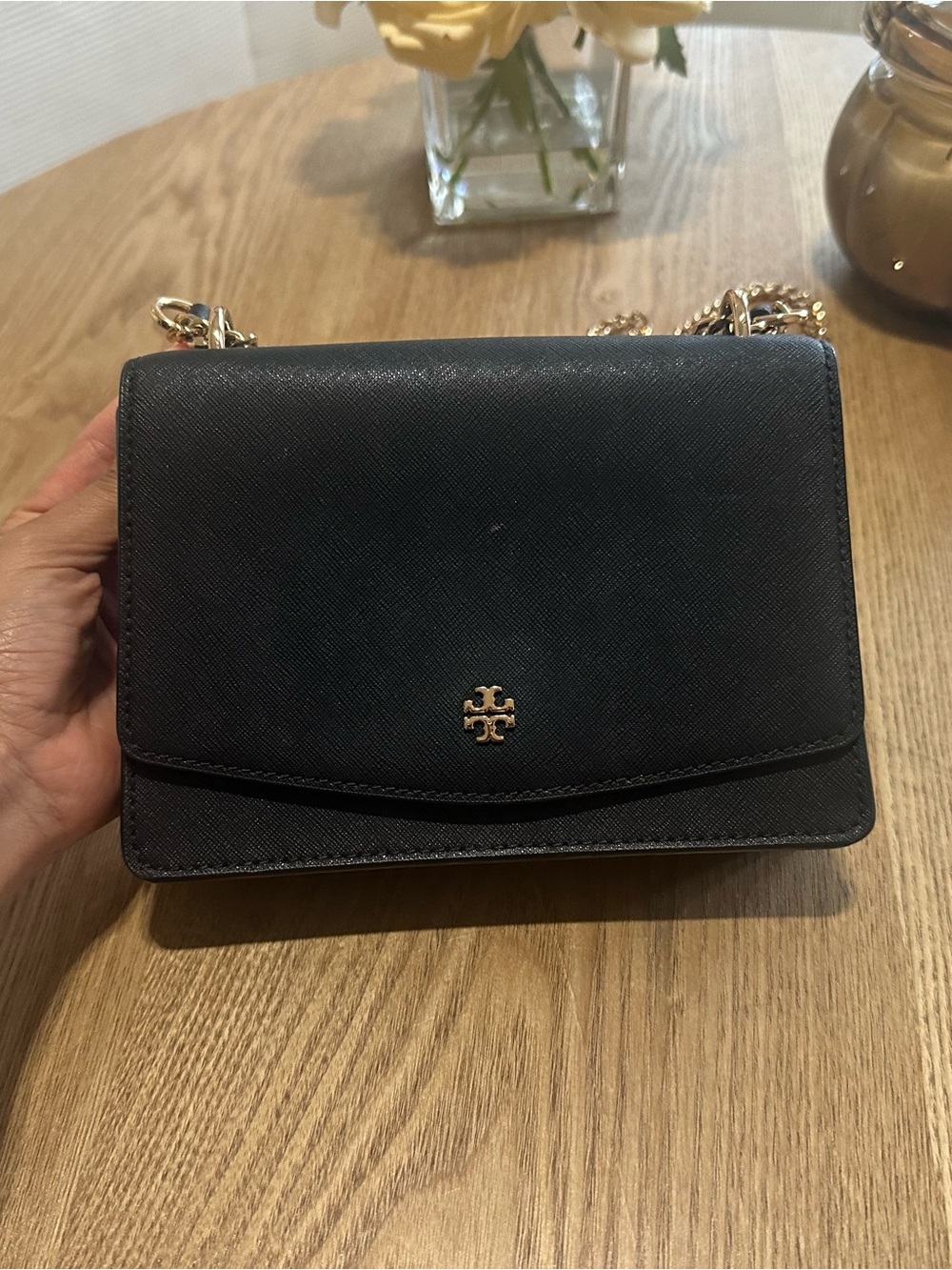 Tory Burch Black Leather Crossbody with Gold Logo Accent